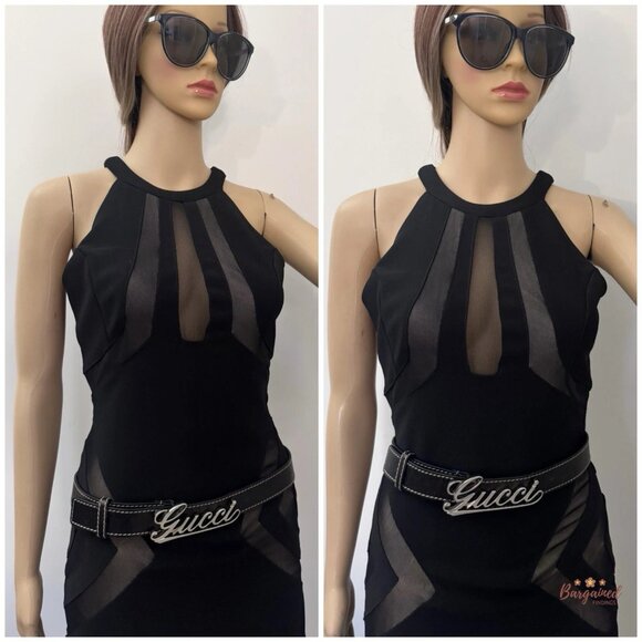 Authentic GUCCI Black Leather Silver Italics Script Logo Buckle Belt 90/36 - Picture 10 of 13